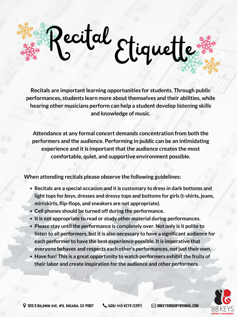Poster for 88 Keys Music Academy Winter Fest Invitation recital etiquette