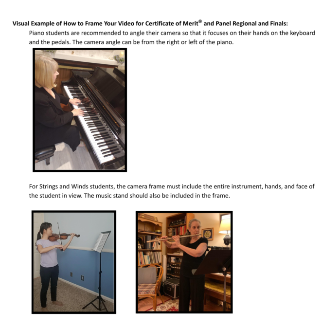 Music Teachers’ Association of California® CERTIFICATE OF MERIT® AND PANEL FINALS RECORDING GUIDELINEs, showing visual examples of how to frame your video for certificate of merit and panel regional and finals
