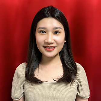 Image of Angel Lin, a teacher at 88 Keys Music Academy, with a red background.