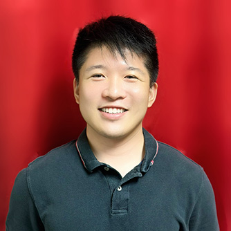 Image of Chris Lin, a teacher at 88 Keys Music Academy, with a red background.