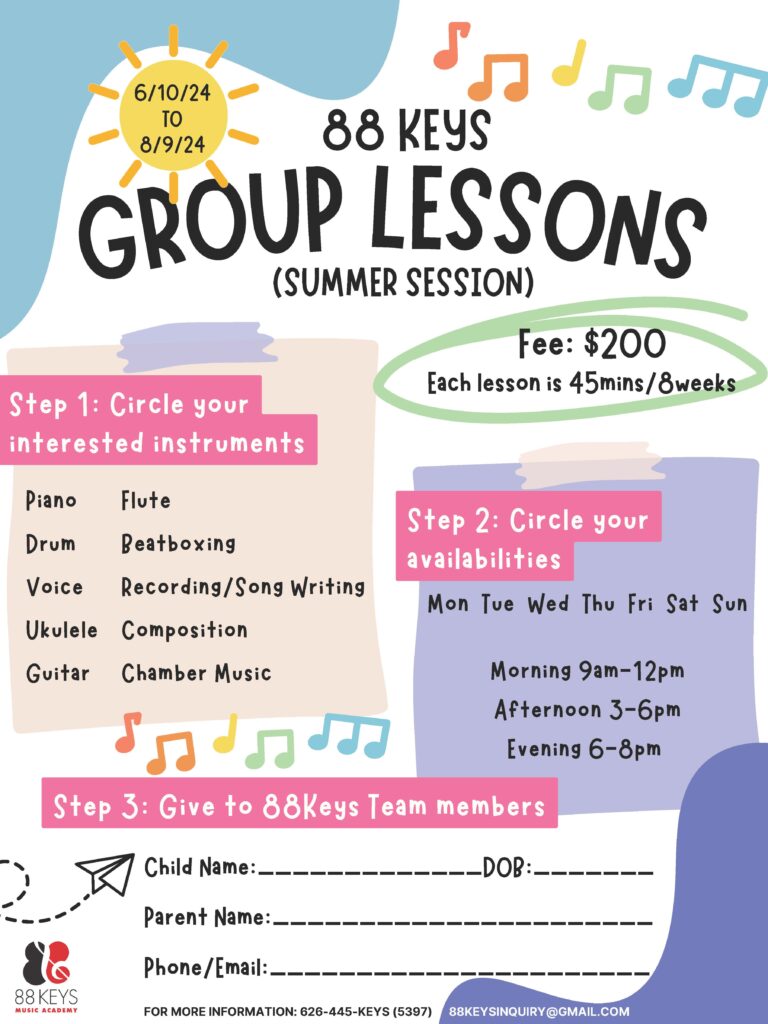 Colorful background with the words 88 Keys - Group lessons - Summer session, and some more information about the summer grou lessons by 88 Keys Music Academy