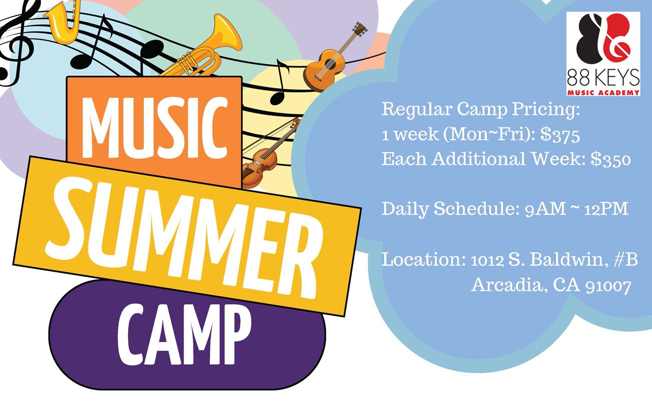 Promotional poster for Music Summer Camp at 88 Keys Music Academy Arcadia - June & July 2024
