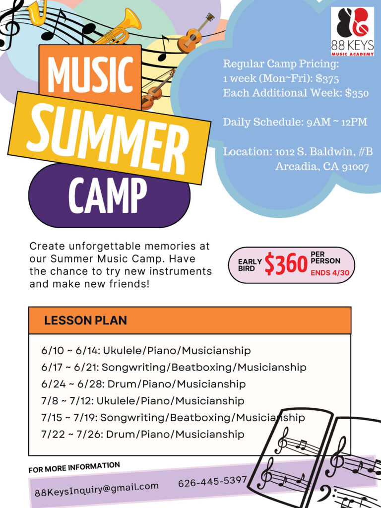 Promotional poster for Music Summer Camp at 88 Keys Music Academy Arcadia - June & July 2024