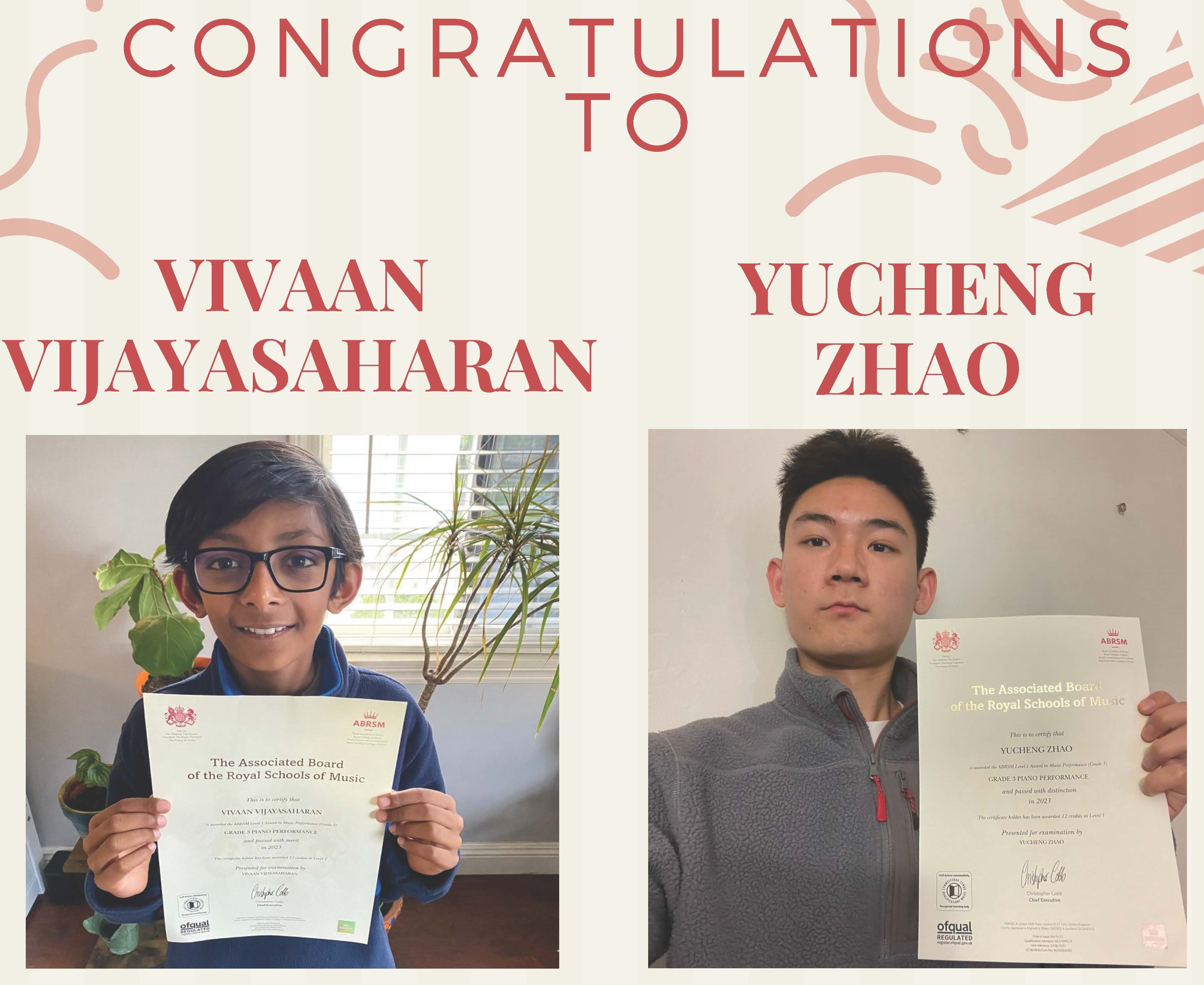 Poster: Congratulations to Vivaan Vijayasaharan and Yucheng Zhao from 88 Keys Music Academy in Arcadia and San Marino