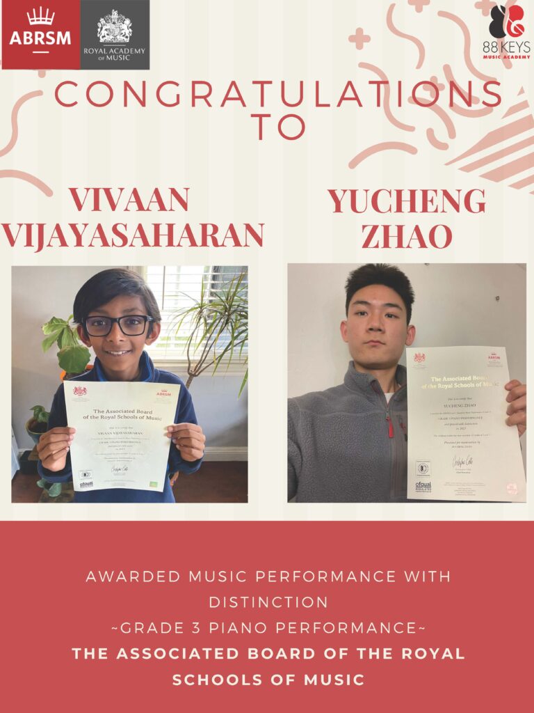 Poster: Congratulations to Vivaan Vijayasaharan and Yucheng Zhao at 88 Keys Music Academy Arcadia and San Marino