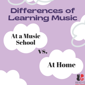 Purple graphic with white clouds that reads the differences of learning music at a music school versus at home by 88 keys music academy